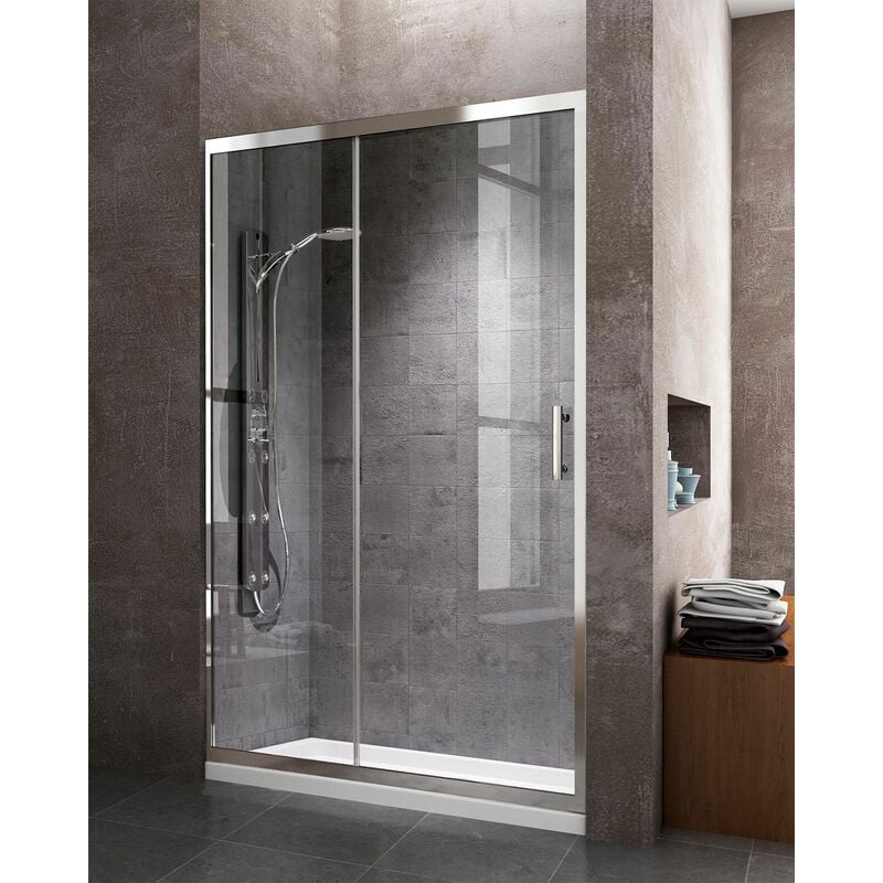 Paroi de douche frontale avec ouverture latérale, une Porte coulissante et un panneau fixe, réversible profil chromé 140CM Transparent