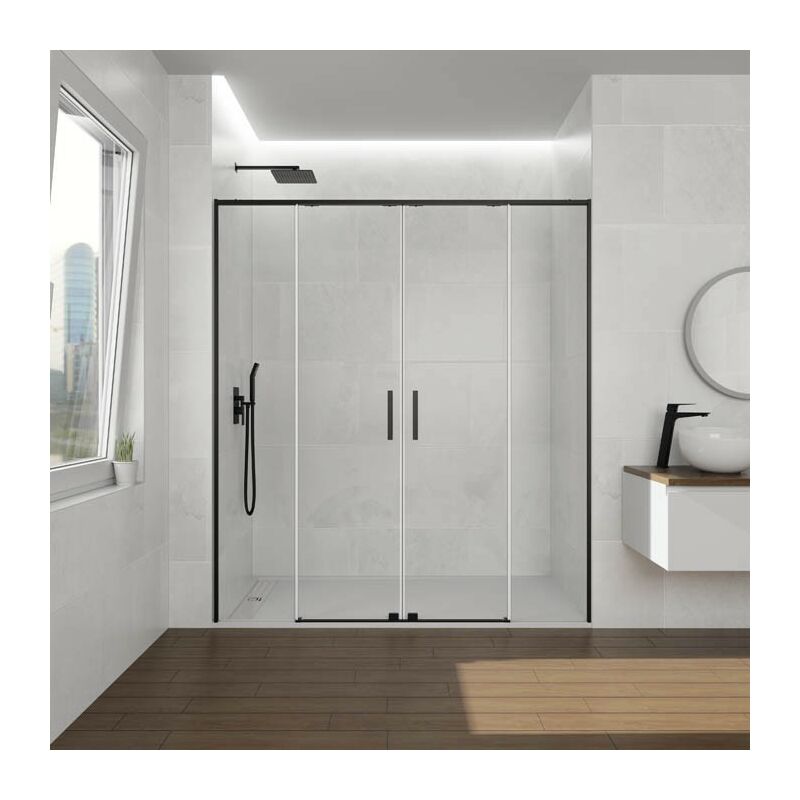 Paroi de douche frontale twenty noir avec ouverture centrale, 2 panneaux fixes avec 2 portes coulissantes, profil noir mat Mesure d'installation: 131