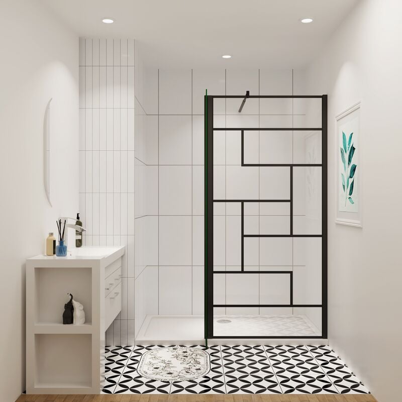 Aica paroi de douche industrielle noire 140x200cm avec un retour pivotant 40cm livré avec une barre de stabilisation