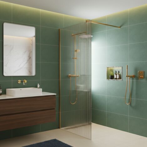 Paroi de douche italienne flûtée - 100 x 195 cm - Or brossé - LINEA