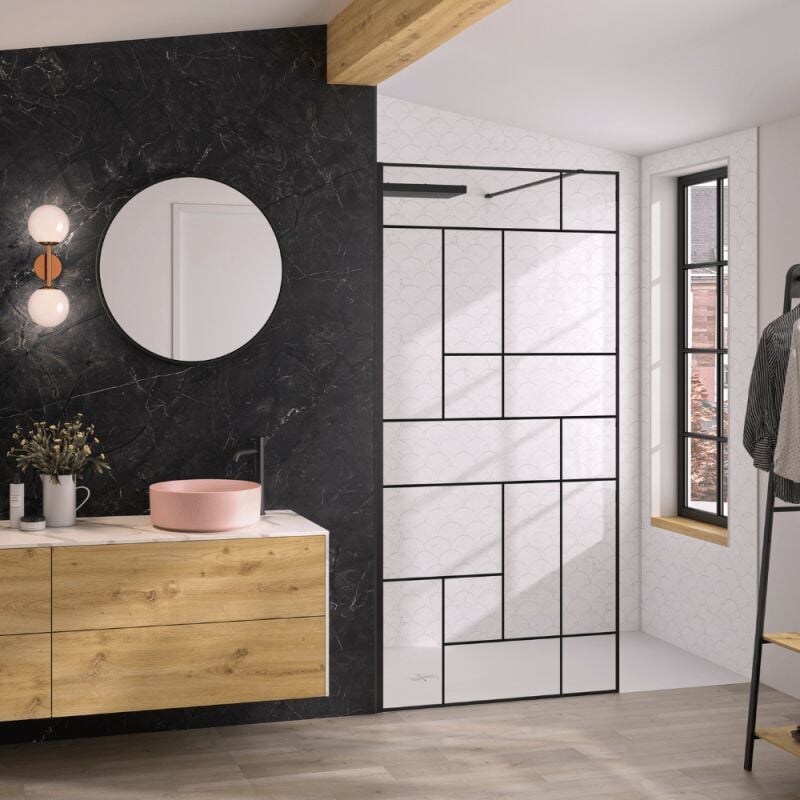 Paroi de douche Kinedo Solo Design + sérigraphié mondrian 90cm profilé Noir mat
