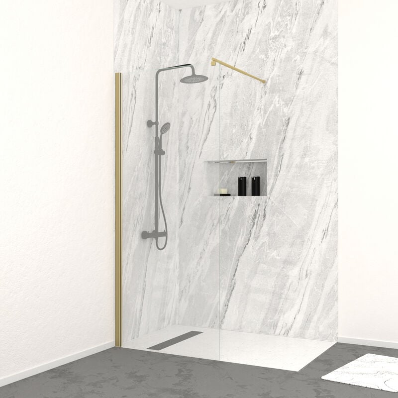 Paroi de douche à l'italienne 80x200 cm verre trempé 8 mm - Finition Or Doré Brossé - freedom 2 gold