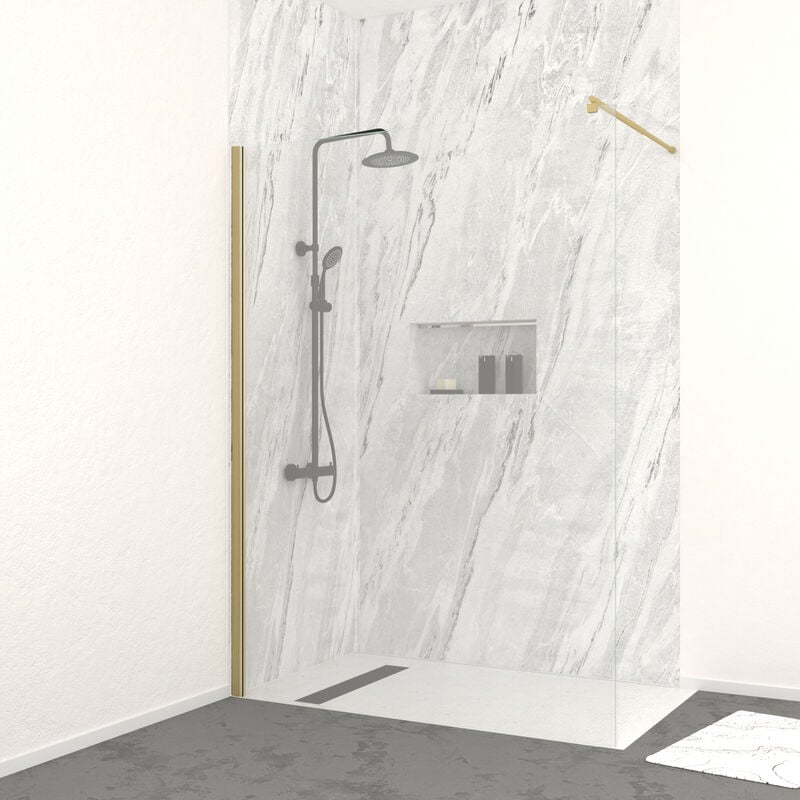 Aurlane - Paroi de douche à l'italienne 140x200 cm verre trempé 8 mm - Or Doré Brossé - freedom 2 gold