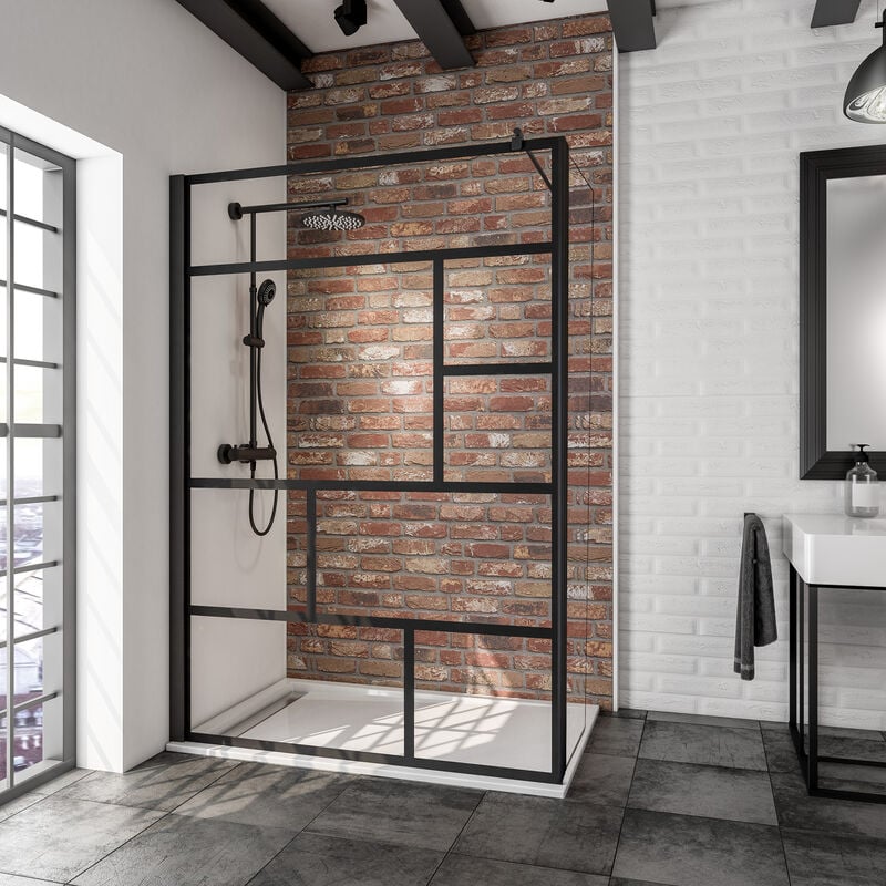 Paroi de douche à l'italienne avec retour pivotant, profilé noir, paroi fixe Walk In style industriel, NewStyle Schulte verre 5 mm transparent