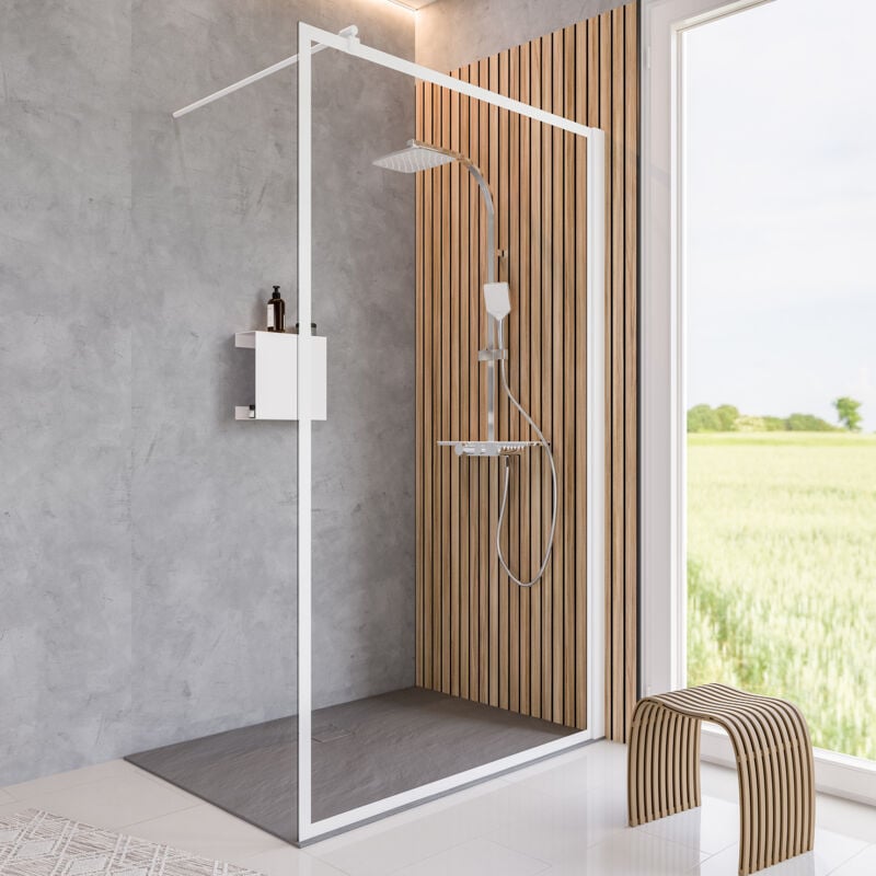 Paroi de douche à l'italienne, cadre sérigraphié blanc mat, paroi fixe Walk In style industriel, NewStyle Schulte verre 6 mm 90 x 200 cm