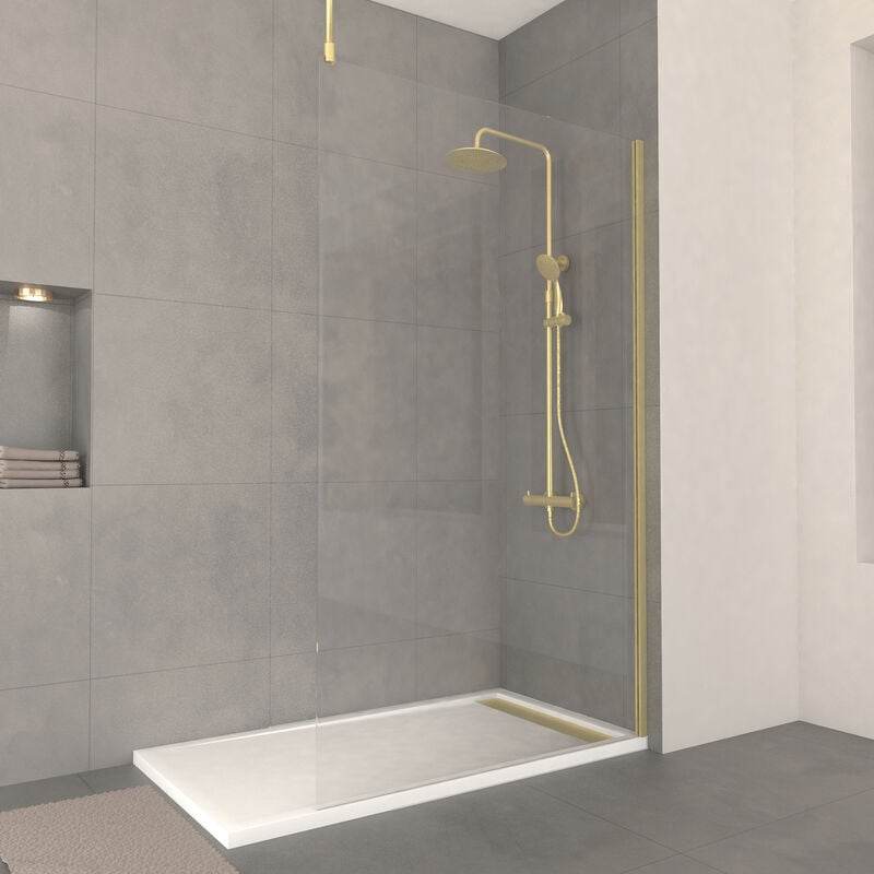 Paroi de Douche 120x200cm Verre 8mm - Profilé + Barre Plafond Finition Or Brossé - freedom 2 gold