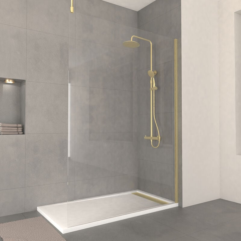 Aurlane - Paroi de Douche 140x200cm Verre 8mm - Profilé + Barre Plafond Finition Or Brossé - freedom 2 gold