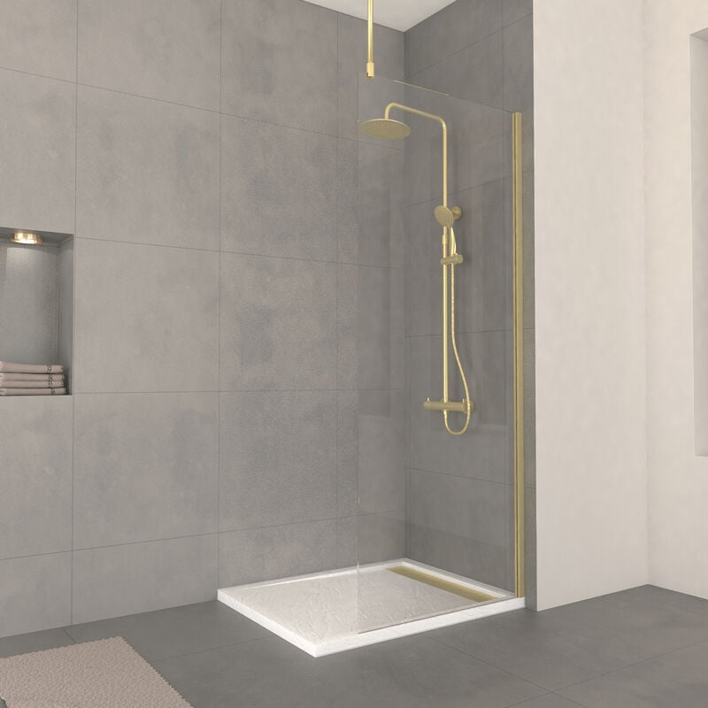 Paroi de Douche 80x200cm Verre 8mm - Profilé + Barre Plafond Finition Or Brossé - freedom 2 gold