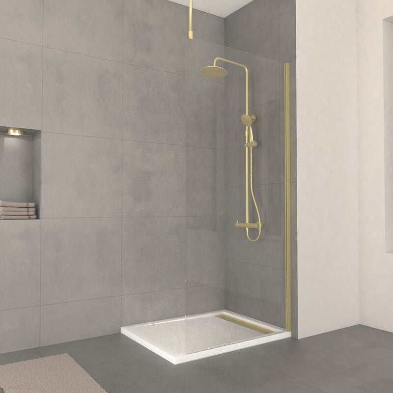 Paroi de Douche 90x200cm Verre 8mm - Profilé + Barre Plafond Finition Or Brossé - freedom 2 gold