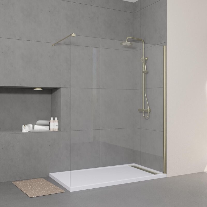 Pack Paroi de Douche 160x200cm Verre Transparent - Barre de Fixation Extensible et Profil Or Brossé