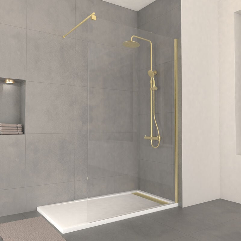 Aurlane - Pack Paroi de Douche 120x200cm Verre Transparent - Barre de Fixation Extensible et Profil Or Brossé