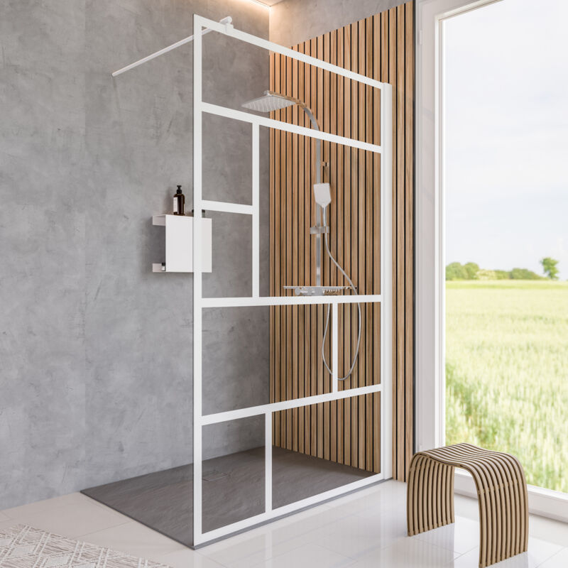 Paroi de douche à l'italienne, verrière blanche mate, paroi fixe Walk In style industriel, NewStyle Atelier Schulte verre 6 mm, 100 x 200 cm