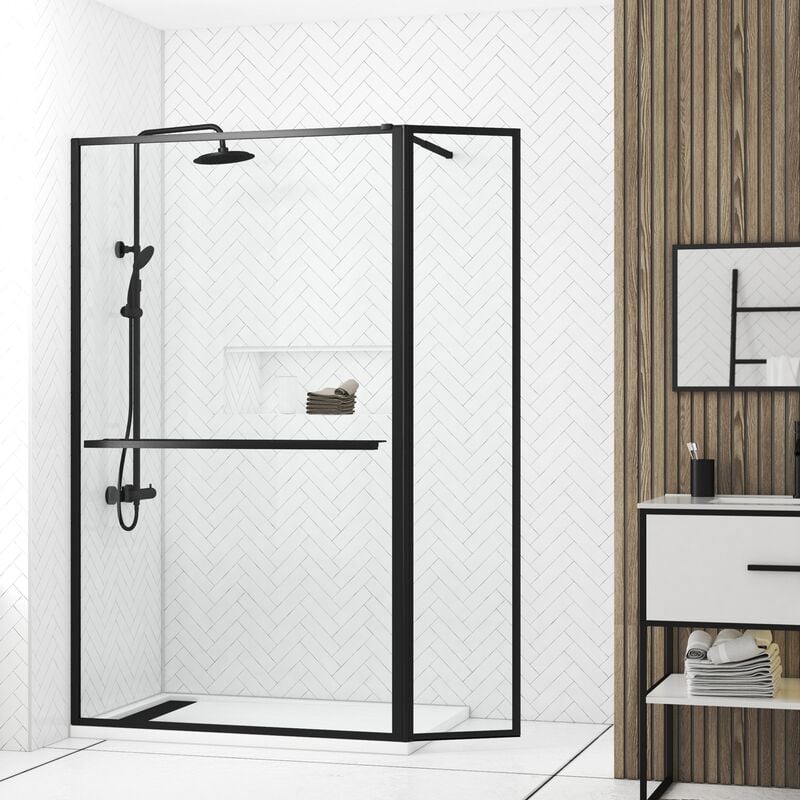 Paroi de Douche avec Volet Pivotant 120+40x200cm - Profilé, Porte-serviette et étagère noir mat