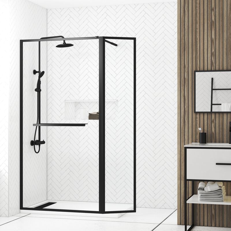 Paroi de Douche avec Volet Pivotant 90+40x200cm - Profilé, Porte-serviette et étagère noir mat