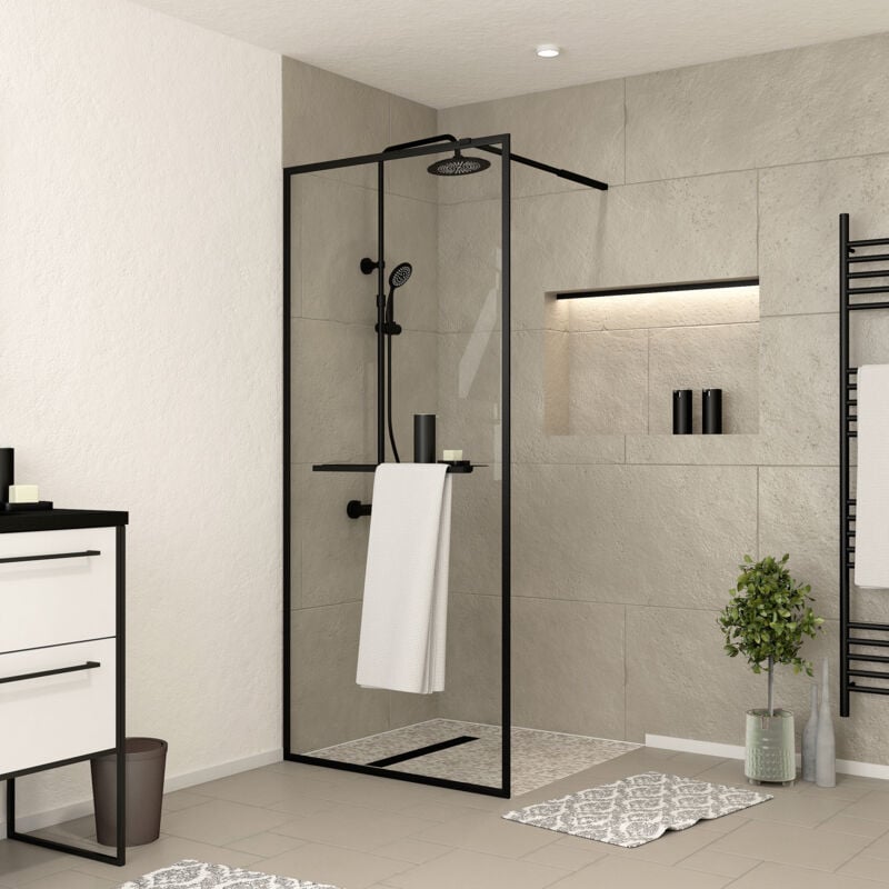 Paroi de Douche Noir Mat 80x200cm - Porte-serviette et étagère - dark contouring shelf