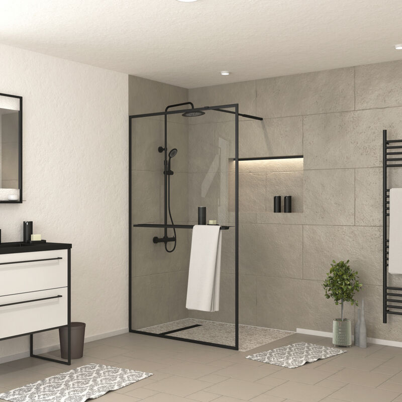 Aurlane - paroi de douche noir mat 120x200cm - porte-serviette et étagère - dark contouring shelf