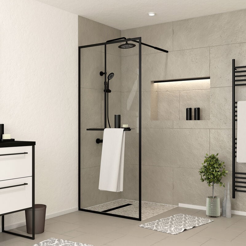 Aurlane - Paroi de Douche Noir Mat 90x200cm - Porte-serviette et étagère - dark contouring shelf