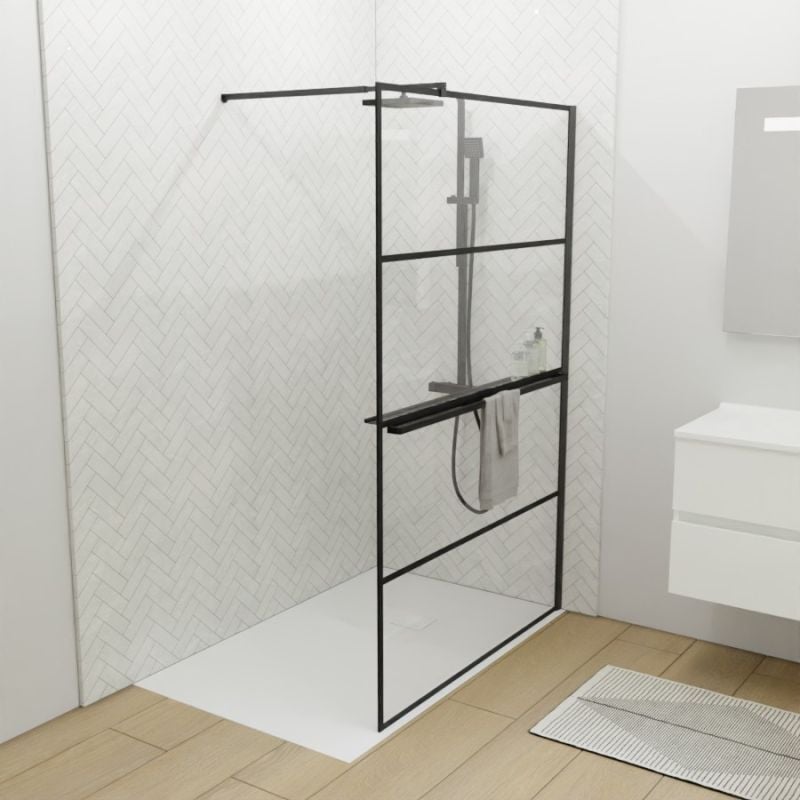Cuisibane - Paroi de douche noir mat avec porte-serviette et tablette darky 120 cm