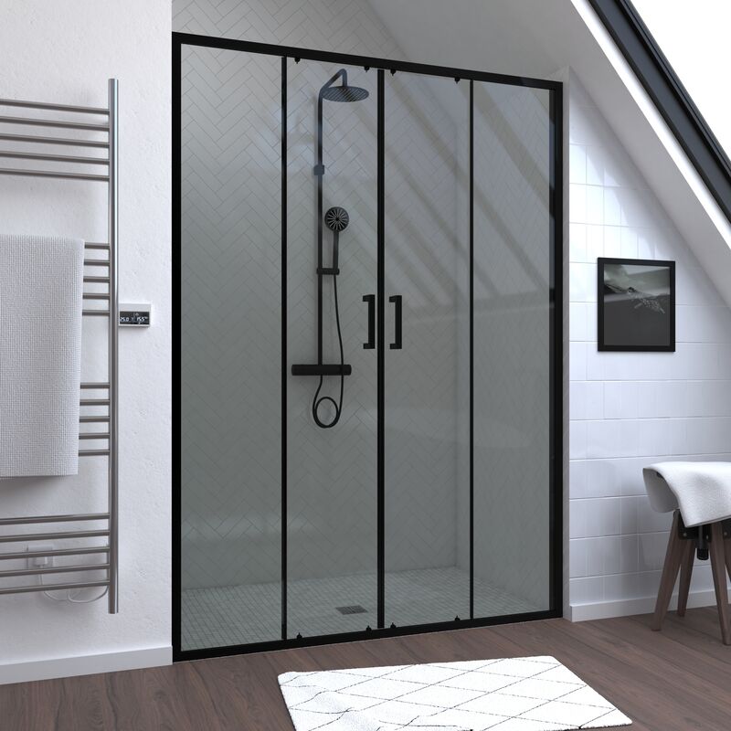 Porte de douche Double Coulissant 140x200 cm - Verre transparent - Profilé Noir - crush
