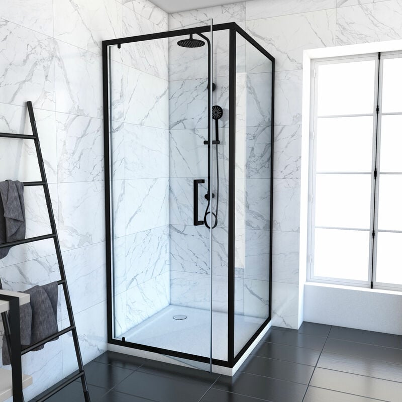 Aurlane - Porte de douche Pivotante - retour profilés noir + receveur a poser - 90x90x204cm - crush pivotante