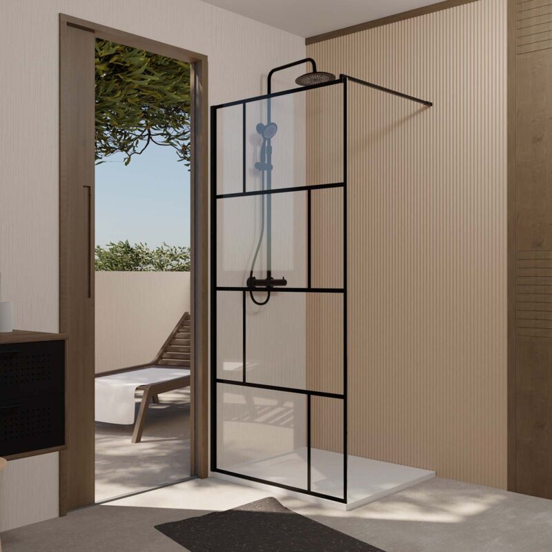 Paroi de Douche Serigraphie Brique 100x195cm - Verre Anticalcaire 8mm - Profilé Noir Mat