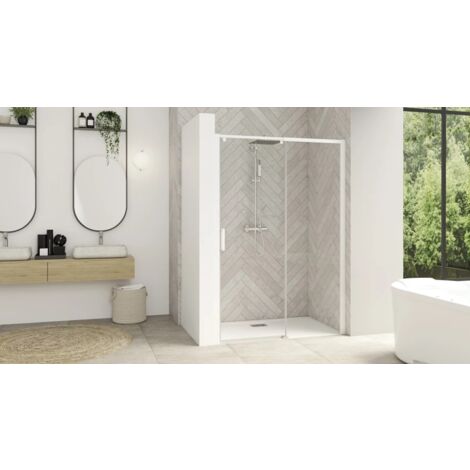 Paroi de douche SMART DESIGN C 147-160cm coulissant profilé blanc sans seuil verre transparent droite largeur 160cm - KINEDO - PA9236BTNED