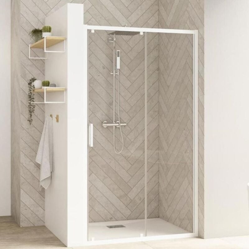 Porte de douche coulissante Kinedo smart design l 180 cm hauteur 2,05 m blancverre 6mm anti calcaire transparent