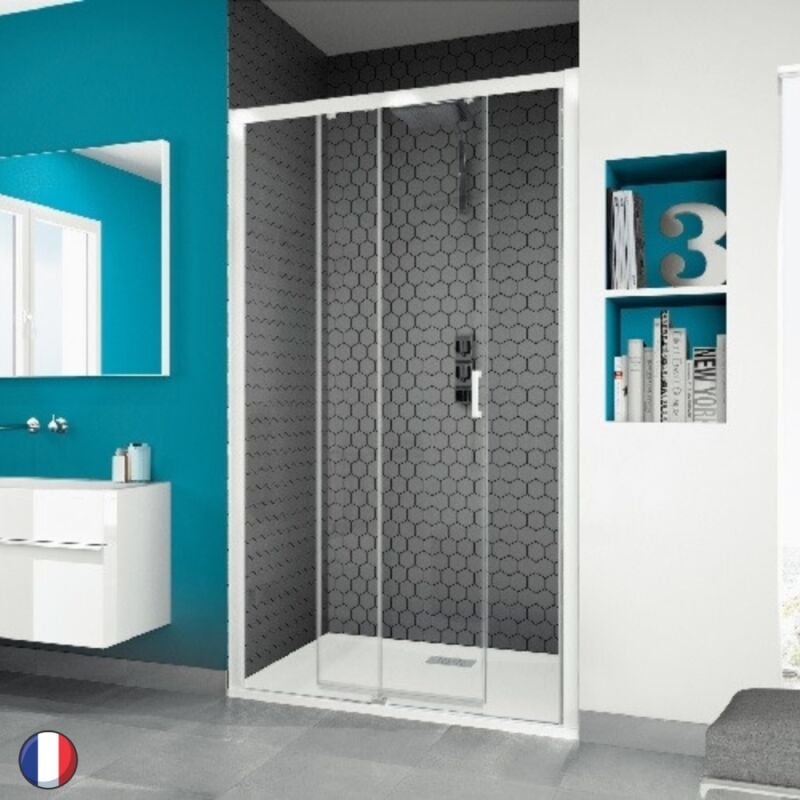 Porte de douche coulissante Smart Design de Kinedo verre transparent et profilé blanc - 120 cm - Partie fixe à droite