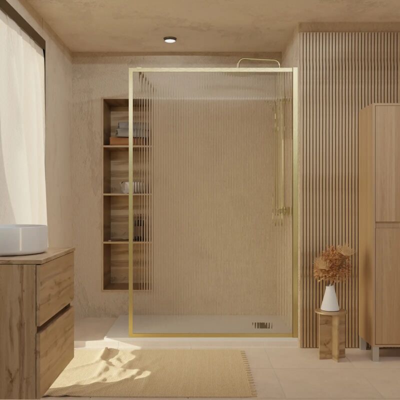 Paroi de Douche Verre Cannelé 6 mm - 140x200 cm - Cadre et Bras Aluminium Or Doré Brossé