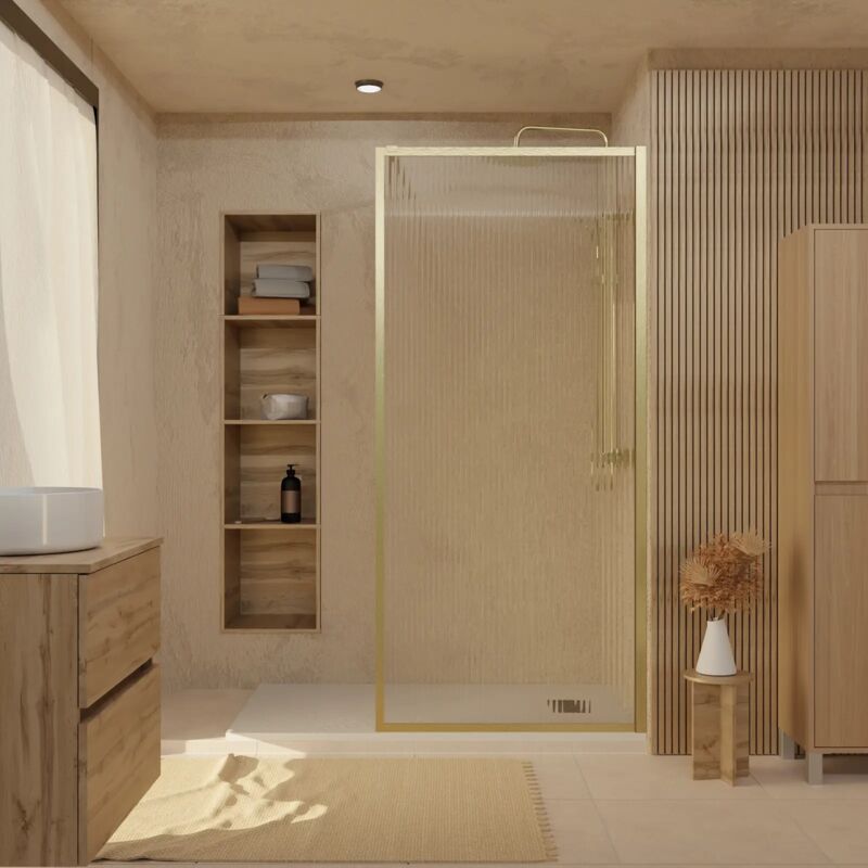 Paroi de Douche Verre Ondulé 6 mm - 90x200 cm - Cadre et Bras Aluminium Or Brossé
