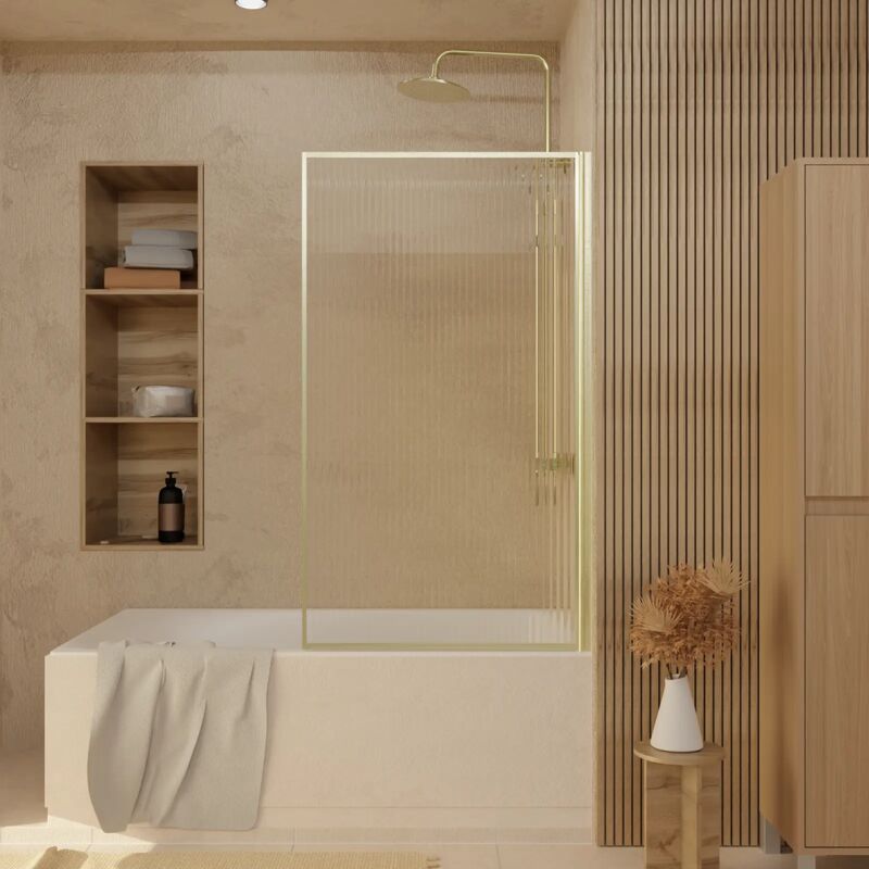 Pare baignoire Rabattable 80x140cm - Profilé Or Doré Brossé - Verre Trempé Ondulé 5mm