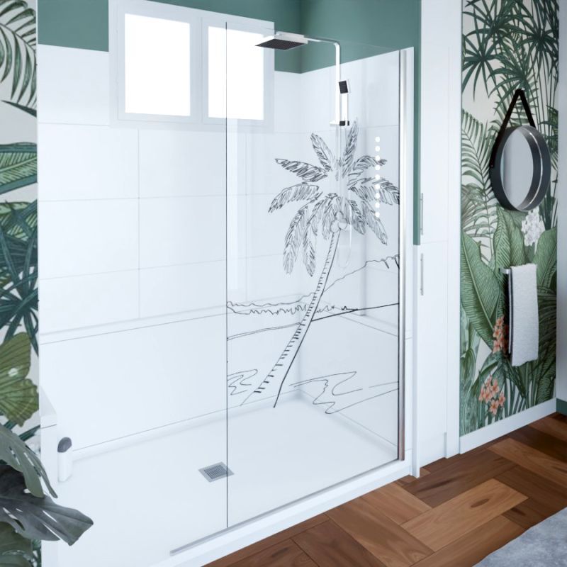 Cuisibane - Paroi de douche verre transparent avec dessin mer et palmier palma 100 cm