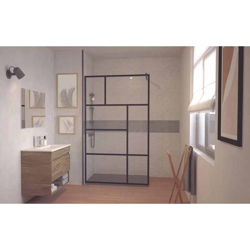 Paroi de douche fabrilia - Verre trempé 8mm - Finition Noir mat - 90x200cm