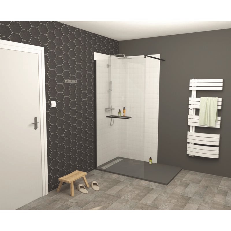 Ondee - Paroi de douche indus - Verre 8mm -Tablette - Finition Noir mat - 100x200cm