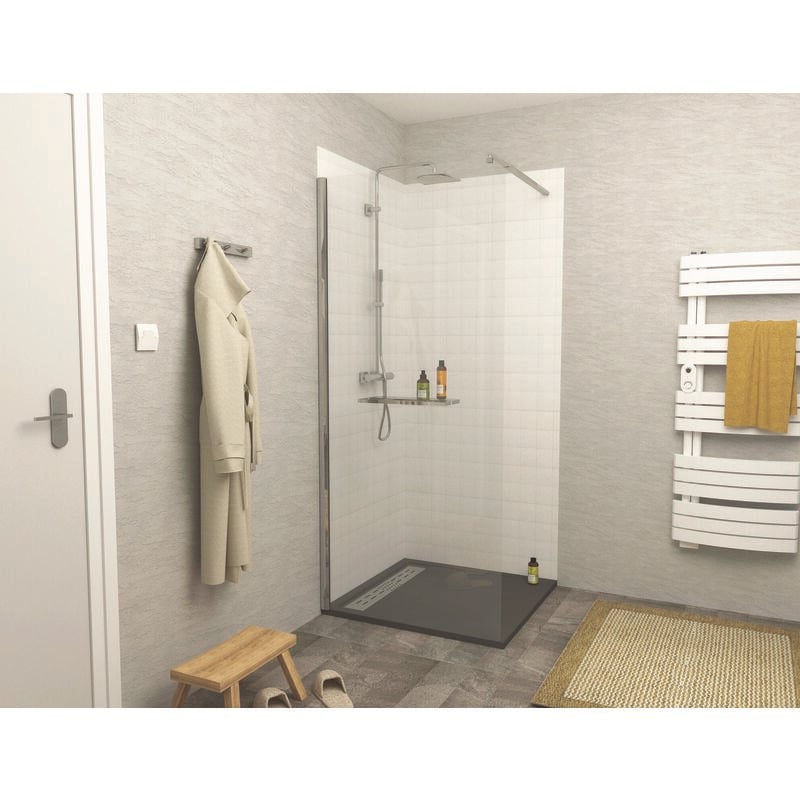 Ondee - Paroi de douche indus - Verre 8mm -Tablette - Finition Chromé - 90x200cm