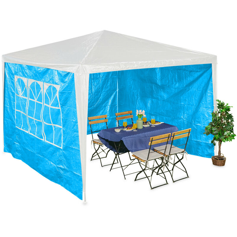 Paroi latérale pour votre tonnelle, lot de 3, imperméable, fermetures scratch, pe, avec fenêtres, 2x3 m, bleue - Relaxdays