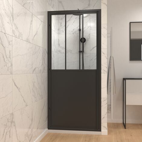 Paroi porte de douche a porte pivotante type atelier - 80x200cm - PROFILE NOIR MAT - verre 5mm
