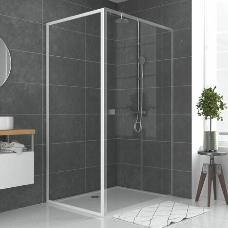 AURLANE Paroi porte de douche blanc RETOUR 80x185cm pour porte - verre transparent 5mm - WHITY SIDE 80