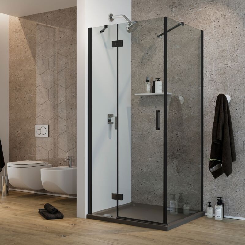Parois cabine de douche angulaire pivotante verre transparent h. 190 mod Flip Black porte + fixe 75X75 cm