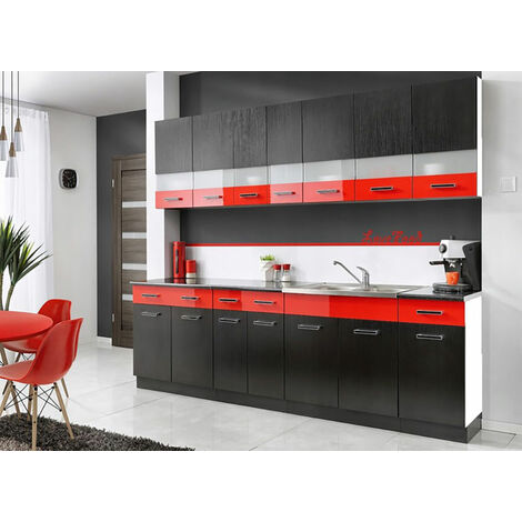 PAROS Cocina completa L 2,6 m 8 pzs + Encimera INCLUIDO Juego de muebles de cocina lineal Gabinetes de cocina - Negro/Rojo