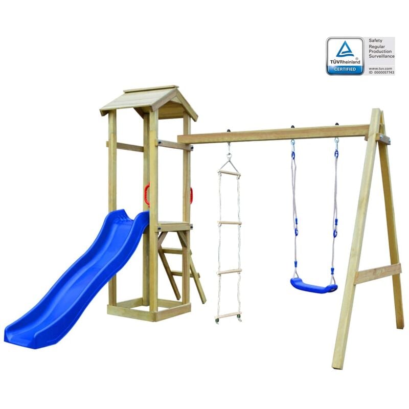 

Parque infantil con tobogán, escaleras y columpio de madera