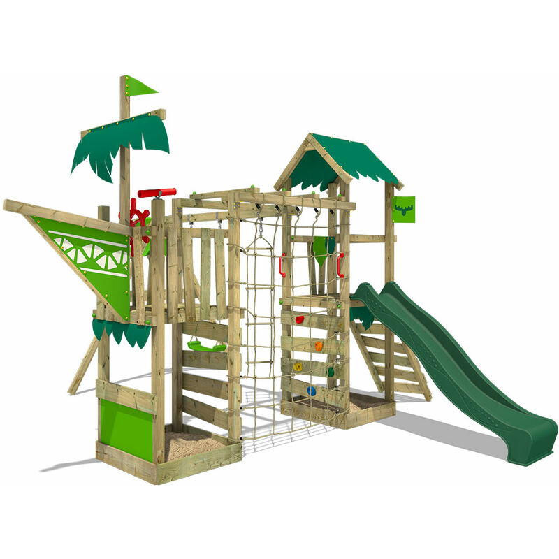 

Parque infantil de madera WaterWorld con columpio y tobogán verde Casa de juegos de jardín con arenero y escalera para niños - Fatmoose