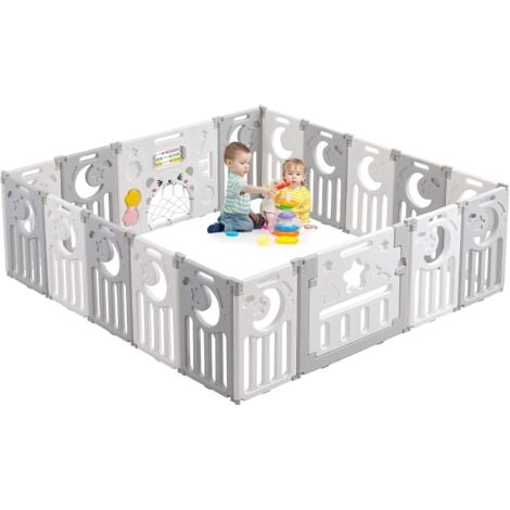 KEEPBUYING Parque infantil plegable de 16+2 paneles, con rejilla de plástico ecológico y puerta, 190 x 190 cm, gris y blanco