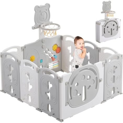 KEEPBUYING Parque infantil plegable de 8+2 paneles,parque infantil modular con aro de baloncesto,parque infantil para interior y exterior de plástico sin BPA,113 x 113 cm,gris