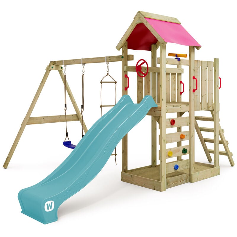 

WICKEY Parque infantil de madera MultiFlyer con columpio y tobogán turquesa Torre de escalada de exterior con arenero y escalera para niños