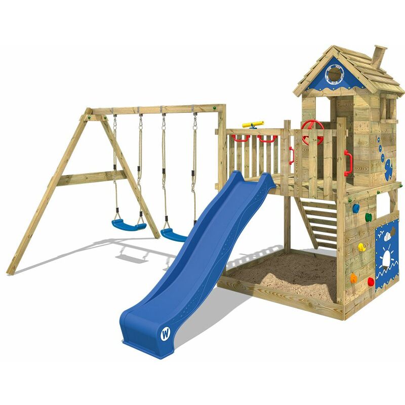 

WICKEY Parque infantil de madera Smart Lodge 120 con columpio y tobogán azul Casa de juegos de jardín con arenero y escalera para niños