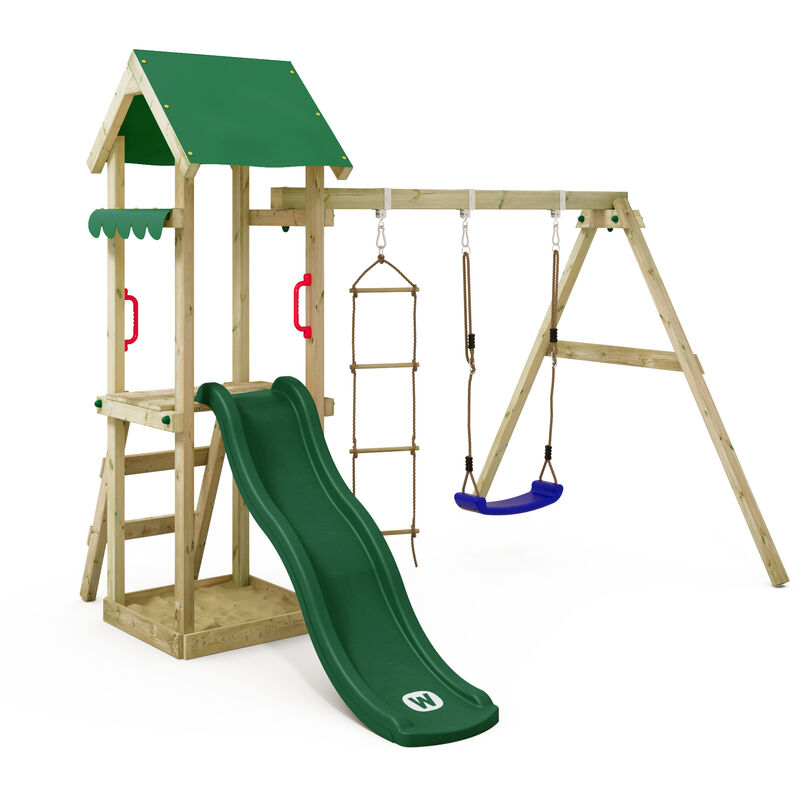 

WICKEY Parque infantil de madera TinyCabin con columpio y tobogán verde Torre de escalada de exterior con arenero y escalera para niños