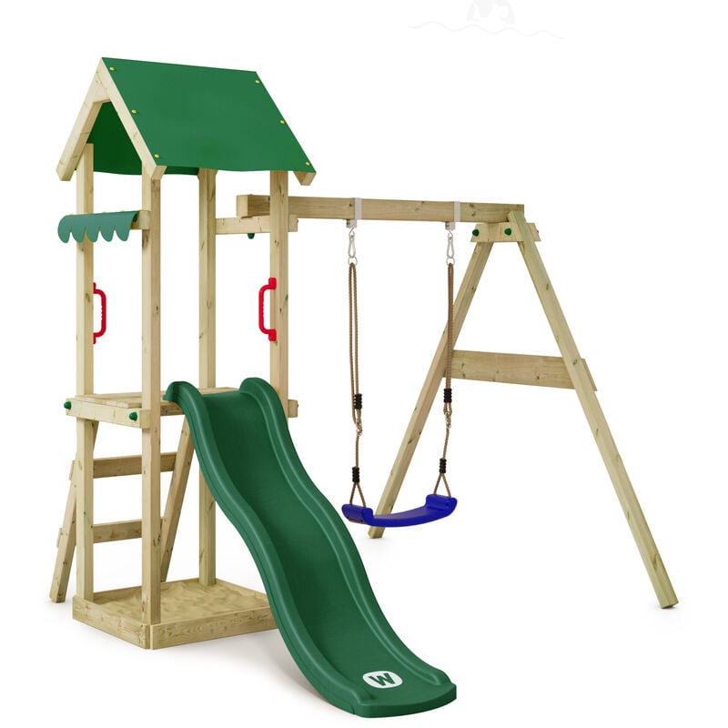 

WICKEY Parque infantil de madera TinyWave con columpio y tobogán verde Torre de escalada de exterior con arenero y escalera para niños