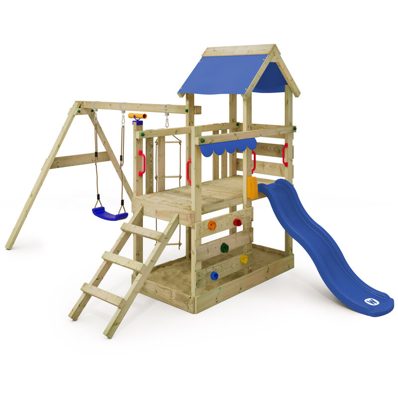 

WICKEY Parque infantil de madera TurboFlyer con columpio y tobogán azul Torre de escalada de exterior con arenero y escalera para niños
