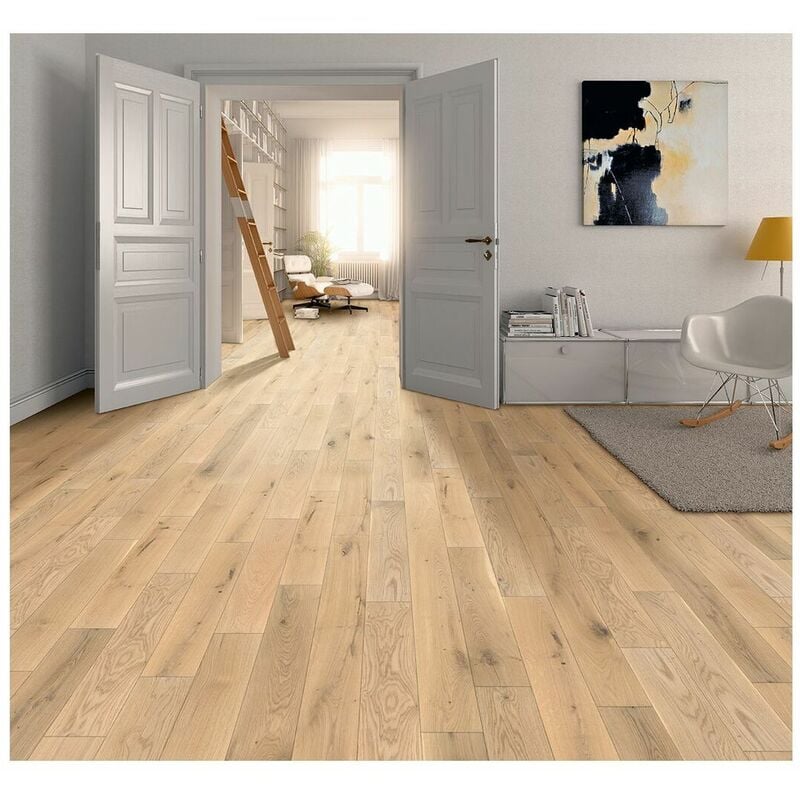 Parquet chêne massif 15 mm lame à coller Awilda Chêne Country Cristal brossé verni mat 12x30-180 - Dimensions:12x30-180 - Chêne Country Cristal
